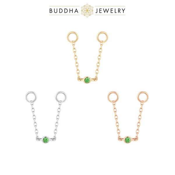 Chaînette piercing en or 14k avec une pierre fine verte tsavorite