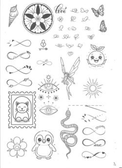 flash tattoo Flash tattoo minimaliste – serpent, soleil et symboles